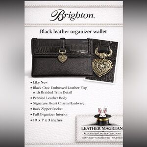 Brighton Black Croc Embossed Leather Organizer Wallet Heart Charm Like New